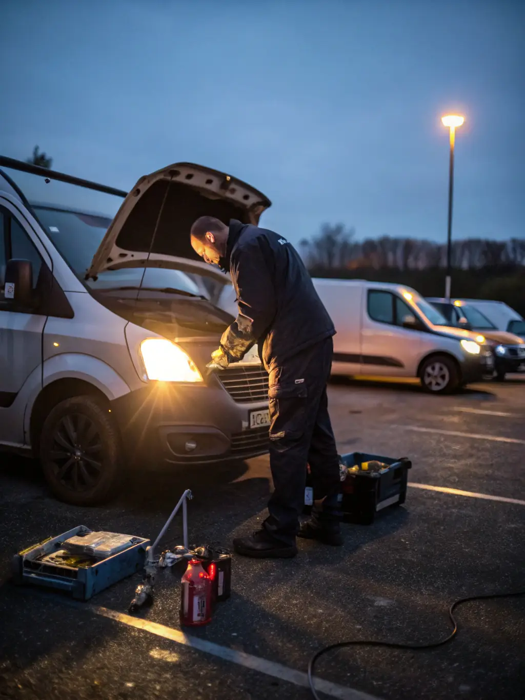 A mechanic replacing a car battery in a customer's driveway, highlighting the convenience of mobile battery replacement services.