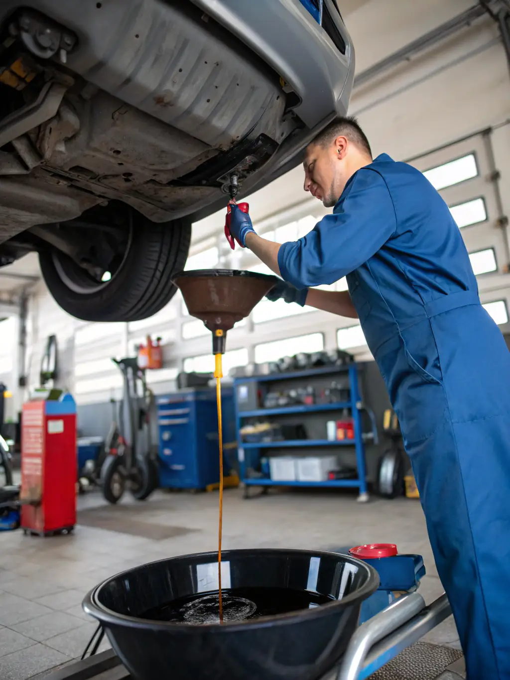 A mechanic performing an oil change on a car in a residential area, highlighting the ease and convenience of mobile oil change services.