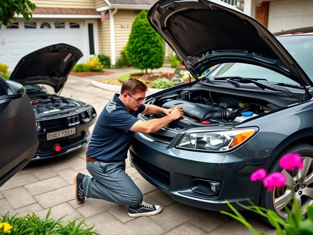 A mechanic in a driveway, inspecting the engine of a used car with various tools and diagnostic equipment, focusing on the engine bay and its components.