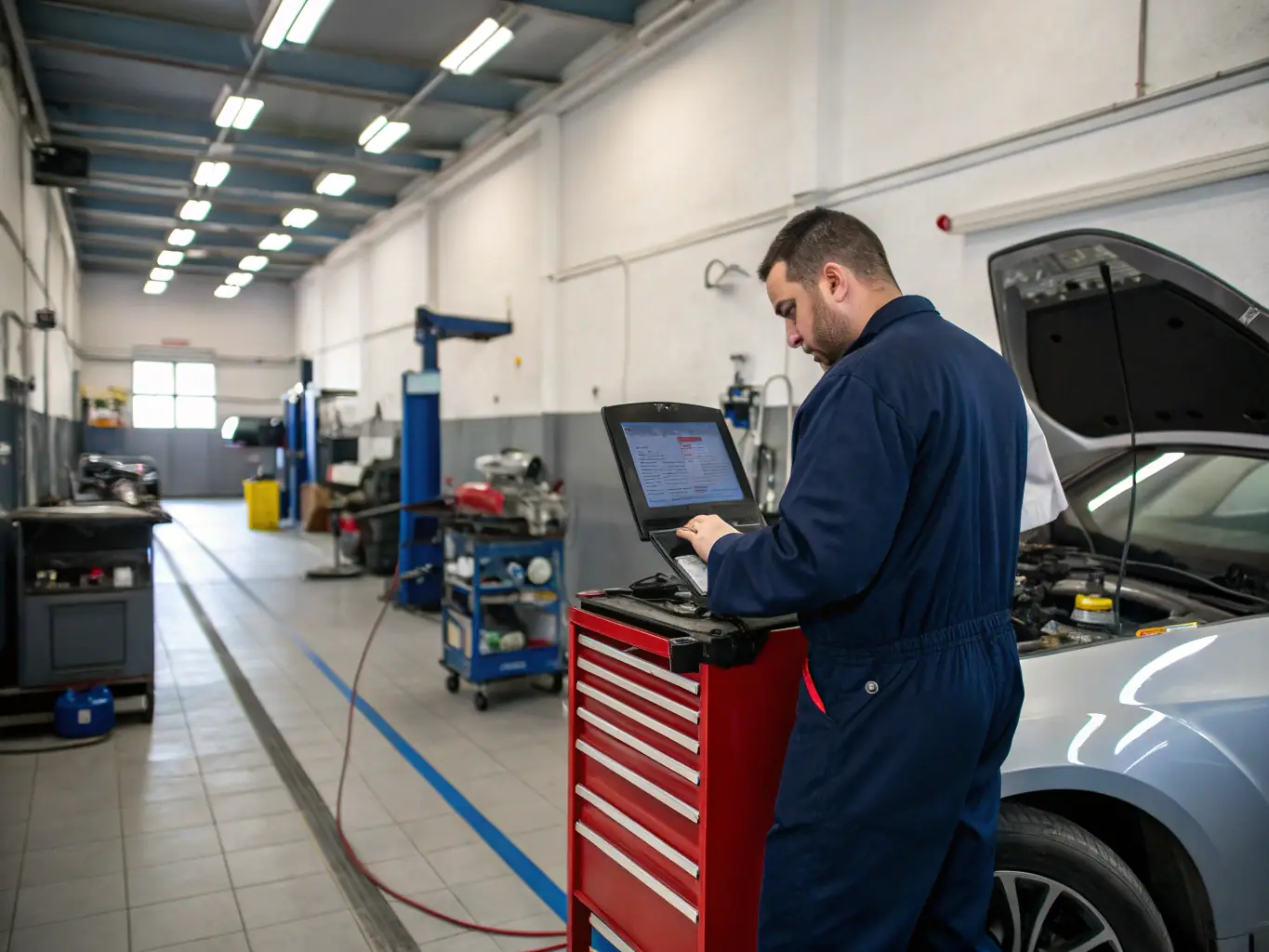 A mechanic using diagnostic tools to check the car's computer system, with a focus on the dashboard and diagnostic port.