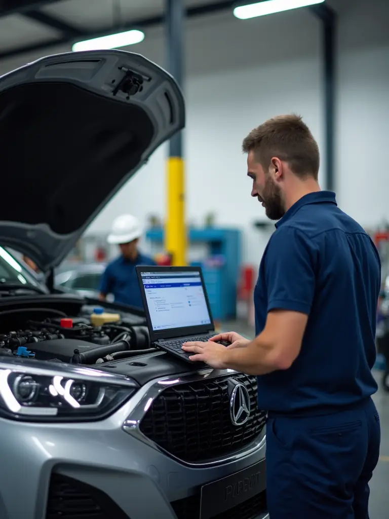 A mechanic diagnosing an engine issue using a diagnostic tool on a car in a parking lot, showcasing the advanced technology used in mobile diagnostics.