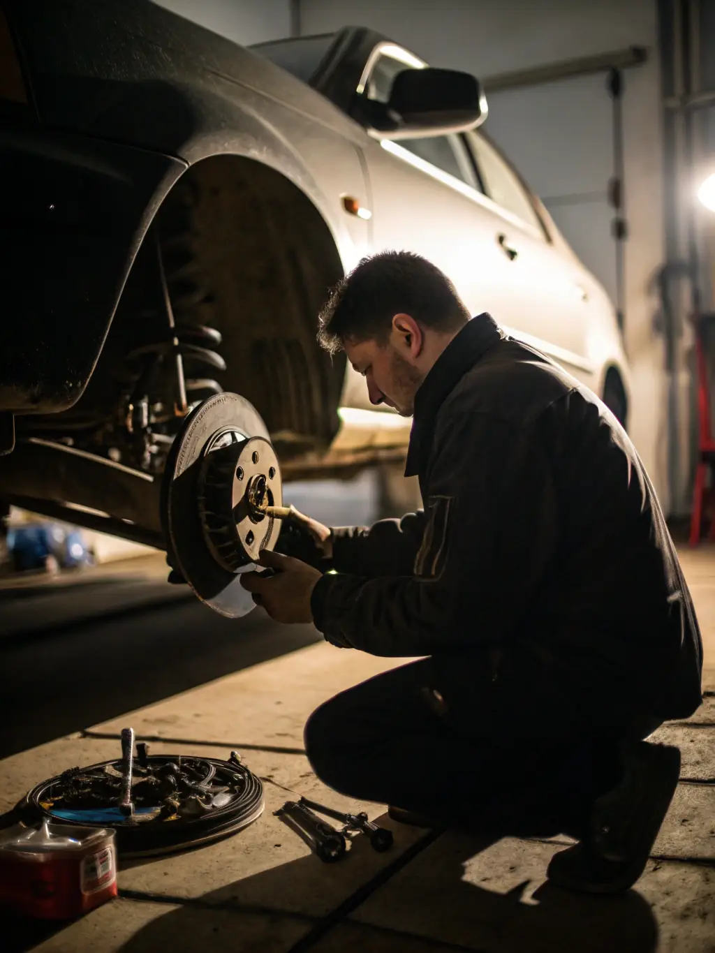 A mechanic performing a brake inspection on a car parked on a city street, emphasizing the importance of regular brake maintenance.