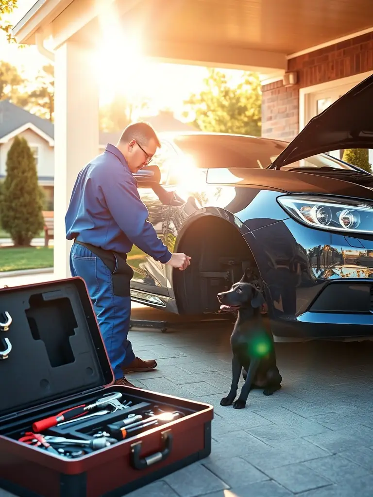 A mechanic working on a brake replacement in a customer's driveway, showcasing the convenience of ALLO MOBILE MECHANIC's service.