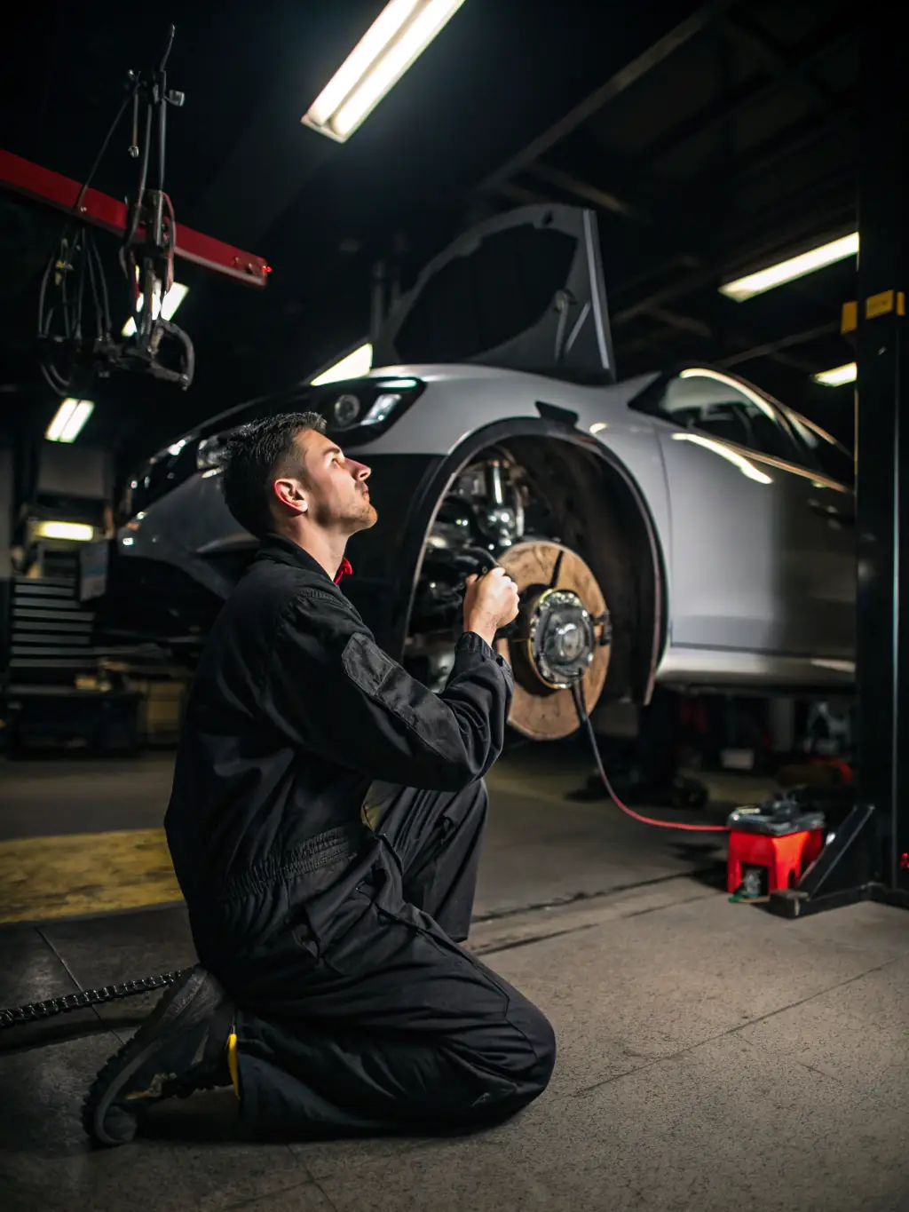 A certified mechanic performing a thorough brake inspection, emphasizing the professional expertise of ALLO MOBILE MECHANIC's technicians.